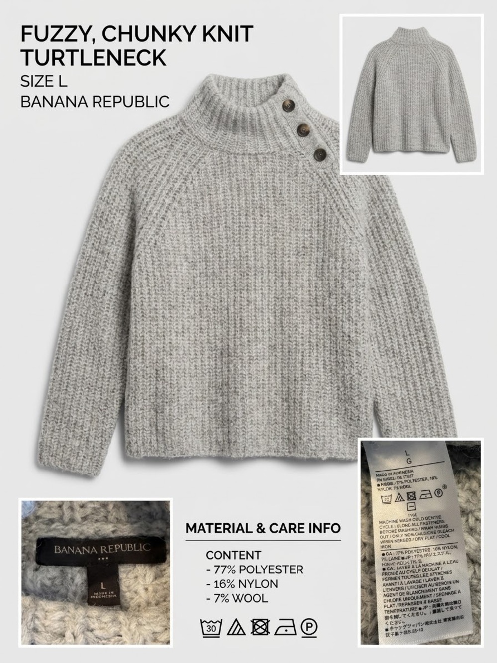 Banana Republic Fuzzy Chunky Knit Turtleneck Sweater - Light Gray
